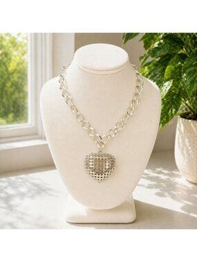 Minimalist Silver Heart Necklace Grid Pendant 22” Chain Romantic Gift for Her